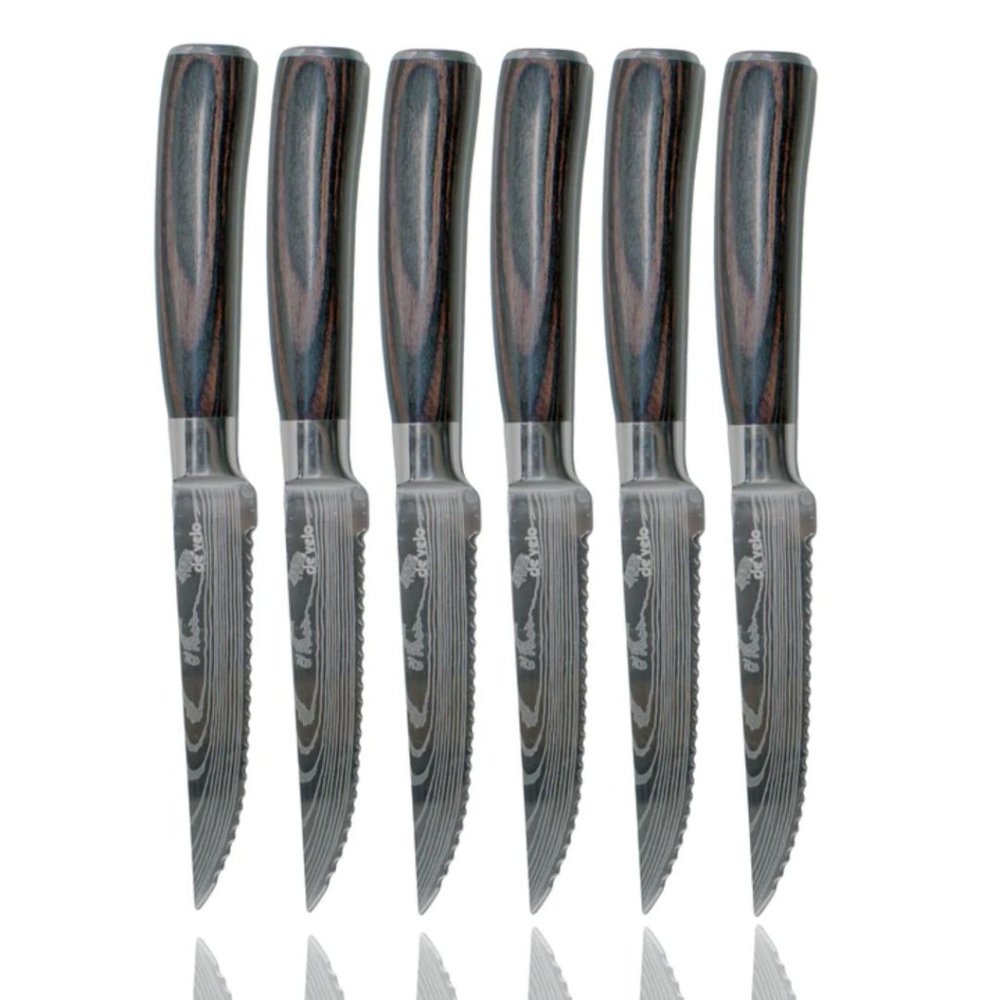 6 Piece Damascus Pattern Serrated Steak Knife Set
